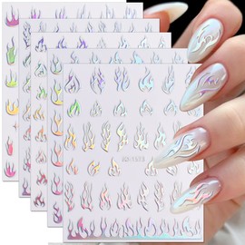 Dornail 6 Sheets Aurora Nail Stickers Holographic Laser Flame Nail Decals 3D Self Adhesive Nail Art Stickers Silver Fire Flame Nail Sticker DIY Nail Design Nail Art Decoration Nail Supplies