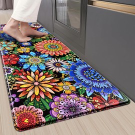 Likiyol Boho Kitchen Rugs, Boho Floral Anti Fatigue Kitchen Mat for Floor, Bohemian Flowers Non Slip Washable Kitchen Floor Mats, Comfort Standing Mat, 18'' x 48''