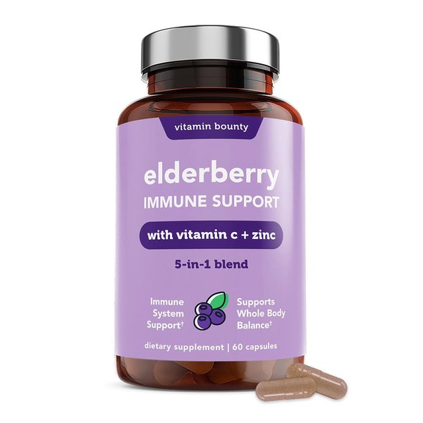 Vitamin Bounty Elderberry Immune Support - with Zinc, Vitamin C & Echinacea, Advanced 5-in-1 Blend, Powerful Antioxidant, Supports Whole Body Balance, Non-GMO - 60 Capsules