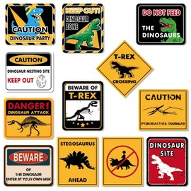 Dinosaur Birthday Decorations - 12 PCS Dinosaur Party Supplies for Boys Kids Dino Birthday Funny Dinosaur Sign Decor for Jurassic Theme Baby Shower Holiday Party Favors Caution T-Rex Sign Wall Decor