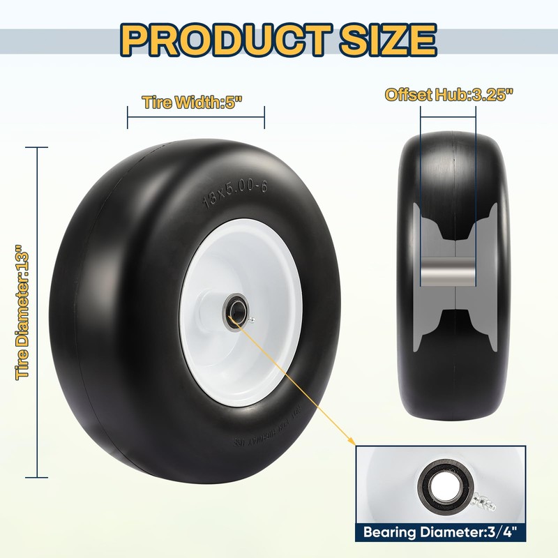 13x5.00-6 Flat Free Lawn Mower Tire, 13x5-6 Zero Turn Mower