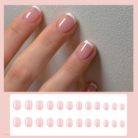 Pack of 24 Glue-On Nails, Short Square, French Press on Nails, Nude Pink Artificial Nails, Fingernails for Sticking with White Edge, Natural Acrylic Full Cover Artificial Nails for Women and Girls