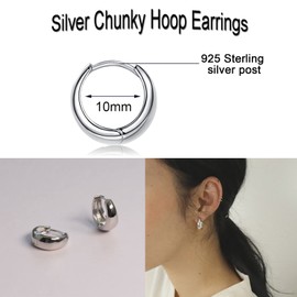 EPIRORA Silver Hoop Earrings for Women, White Gold Chunky Thick Hoop Earrings, Sterling Silver Huggie Cartilage Hoop Earrings Jewelry Gifts for Girls Men, 10mm