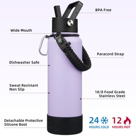 BJPKPK Insulated Water Bottle with Straw Lid, 40oz Large Thermos with 3 Lids, Paracord Handle & Non-slip Boot, BPA Free Leak Proof Stainless Steel Metal Water Bottles, Tumblers, Cups,Lavender