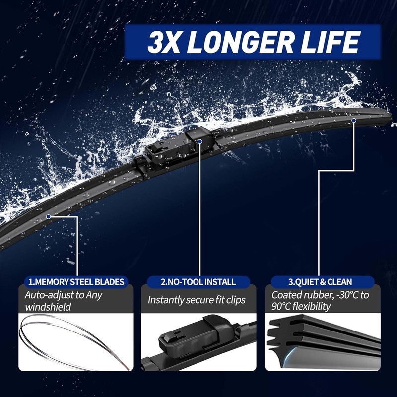 Front and Rear Windshield Wiper Blades, 3 Pcs Front and