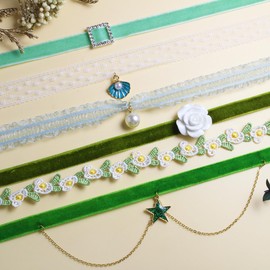 Nova&Aria 6PC Green Chokers Set For Women Leaf Pearl Choker Necklaces Flower Pendant Velvet Cute Choker Necklace Classic Tattoo Colorful Lace Chokers-21