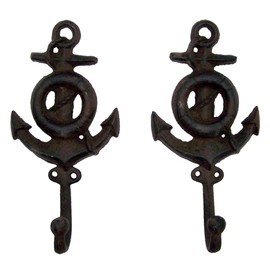 Primitive Brown Cast Iron Anchor and Life Preserver Wall Hooks, 7 1/4 Inches, Set of 2