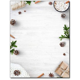 Minimal White Holiday Stationery - 80 Sheets - Pinecones, Cinnamon & Kraft Gift Design, Cozy Christmas Writing Paper for Home & Office Greetings - 8.5 x 11 - Works with Inkjet & Laser Printers