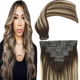 Eufficco Seamless Clip in Hair Extensions Remy Human Hair, 20 Inch 120G, Rooted Chocolate Brown Base Mixed with Caramel Blonde, Balayage Invisible PU Clip In Hair, Skin Weft Human Hair Extensions