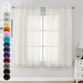Chyhomenyc Sheer Curtains 63 Inch Length 2 Panels Set, Short Window Curtain Drapes Semi Transparent Voile Rod Pocket Curtains for Dining Bedroom Living Room, Each 42W x 63L inch, Set of 2, Ivory