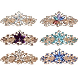 Lawie 6 Pack Fancy Delicate Jeweled Gems Rhinestone Sparkly Glitter Flower French Barrette Metal Hair Clips Bun Chignon Twist Hairpins Ponytail Holder Headpiece Accessories for Women Girl