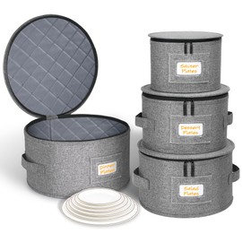 punemi China Storage Containers, Dish Storage with Rigid Top Side Bottom Support & Felt Dividers for Charger Plates Dinnerware, Perfect for Moving Supplies, 4PCS Stackable Fine China Storage, Gray
