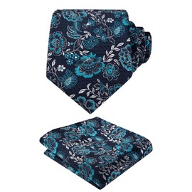 Alizeal Mens Floral Necktie with Hanky Colorful Stylish Unique Tie Set, Navy+Teal+White