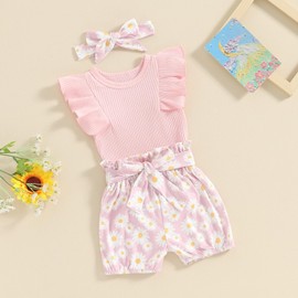 ZZLBUF Newborn Infant Baby Girl Summer Clothes Ribbed Ruffle Romper Daisy Shorts Headband Set Toddler 3Pcs Clothes (01# Pink, 9-12 Months)