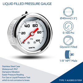 SENCTRL 0-100 Psi Fuel Pressure Gauge, 1-1/2" Dial Size, 1/8" NPT Back Mount, Glycerin Liquid Filled, Stainless Steel Case, Inline Low Pressure Gauge, for Water Oil Air Pressure Test
