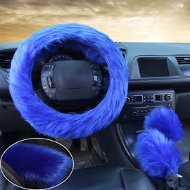 LUOYOYY 4Pcs/Set Faux Wool Fluffy Steering Wheel Covers Long Fur Gear Shift Cover,Handbrake Cover,Fluffy Armrest Cover Fuzzy Furry Car Accessories Long Hair for Men & Women (Royal Blue)