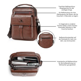 Vologle Men's Shoulder Bag PU Leather Messenger Bag Business Crossbody Manbag Casual Handbags Side Pocket Travel Flight Sports Bags for Men Work Shopping Travel, coffee