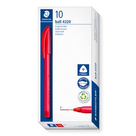 STAEDTLER dreikant stick Kugelschreiber, Schreibfarbe rot, Linienbreite F ca. 0,7 mm, für entspanntes Schreiben, 10 rote Kugelschreiber im Kartonetui, 4320 F-2