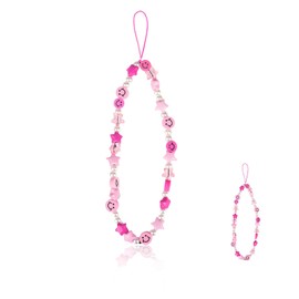 Phone Charm Lanyard, 1Pcs Smiley Face Beaded Phone Charm Strap Colorful Star Smiley Soft Ceramic Keychain for Women Girls (Pink)