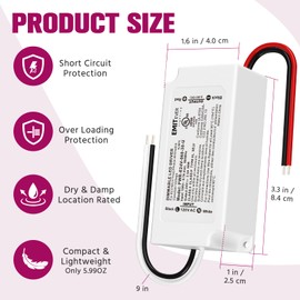 EMITEVER 60W Dimmable LED Driver,120VAC to 24VDC Electronic Transformer,Dimmable Power Supply for LED Strip Light, Kitchen, Cabinet, Compatible with Most Lutron and Leviton Dimmers,Class 2,UL Listed