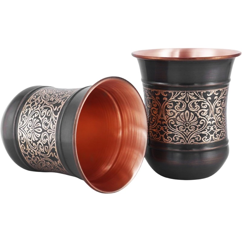 ANCIENTIMPEX Copper Tumbler Set of 2, Floral Pattern, 250 Ml