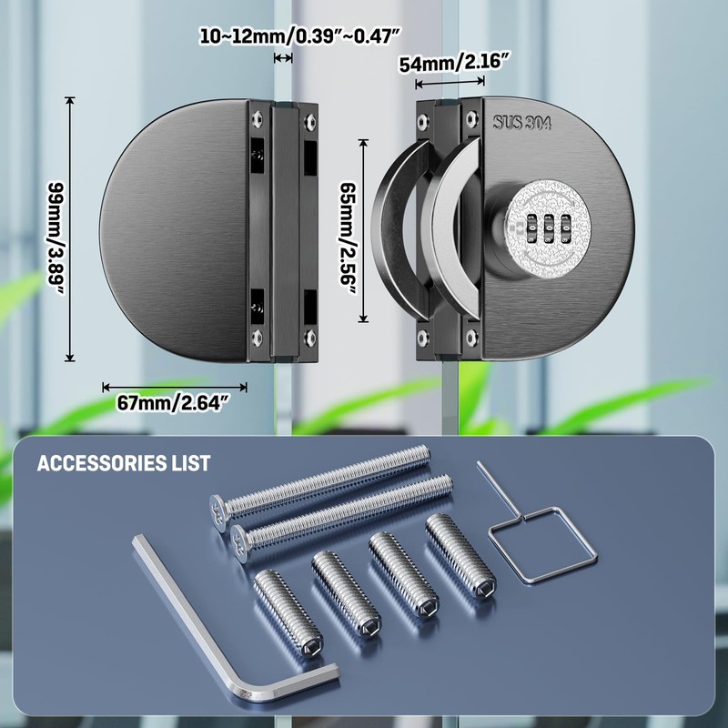 Ranbo Frameless Mechanical Combination Glass Door Lock, No-Drill Installation, Fits