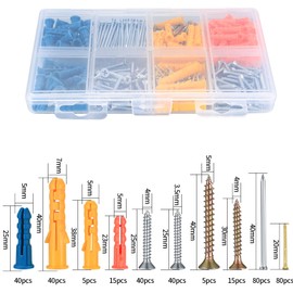 360 Pcs Drywall Wall Anchors and Screws and Nails Kits, Chipboard Wall Fish Type Wall Plugs, Plasterboard Mount Flat Head Self Tapping Fixings Wood Plugs and Screws and Nails