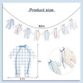 Blue and Cream Baby Onesie Garland – 8 PCS Big Size Baby Shower Banner, Baby Clothesline Garland, Blue Plaid Baby Bodysuit Cutouts for Gender Neutral Baby Shower or Nursery Decor