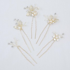 Haodeliy Hair Ornament, Headdress, Leaves Flower Motif, Pearl U Pins, 5-piece Set, Bride Hair Accessories, Handmade Wedding Headdress Hair Accessories, Flower Wedding Decoration, Recitals, Graduation