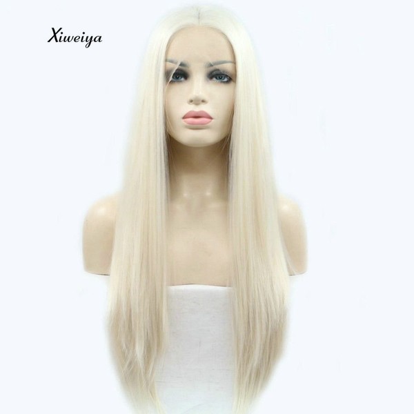 Xiweiya Platinum Blonde Wig 60#Color Long Silky Straight Hair Blonde Synthetic Lace Front Wigs Heat Resistant Fiber Long Hair Natural Hairline White Blonde Wigs