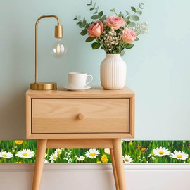 IVN Wallpaper Border Peel and Stick Decorative Wall Trim Self Adhesive Daisy Butterfly Field Design Wallpaper for Bathroom Laundry Room Pool Area Mirror Frame Shelf Wall Edge 4x196 Inch