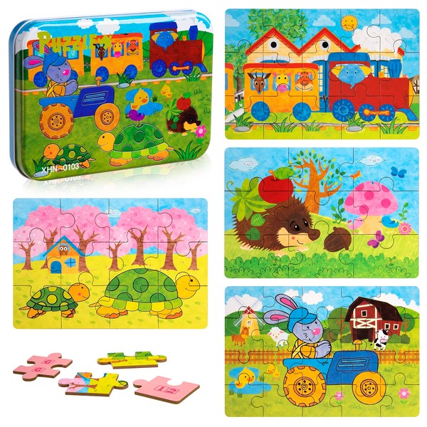 Children's Puzzle, Wooden Puzzle Children 64 Pieces, 4 Picture Puzzles, Brain Training Toy, Difficulty Levels, Educational Toy, Gift for Girls Boys from 3 4 5 Years (Turtle)