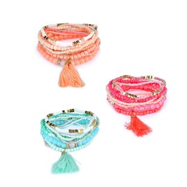 COLORFUL BLING 3 Packs Boehmia Beaded Tassel Stretch Bracelet Layered Multicolor Boho Fringe Stackable Braclet Set Statement Jewlery for Women-D 1tassel green
