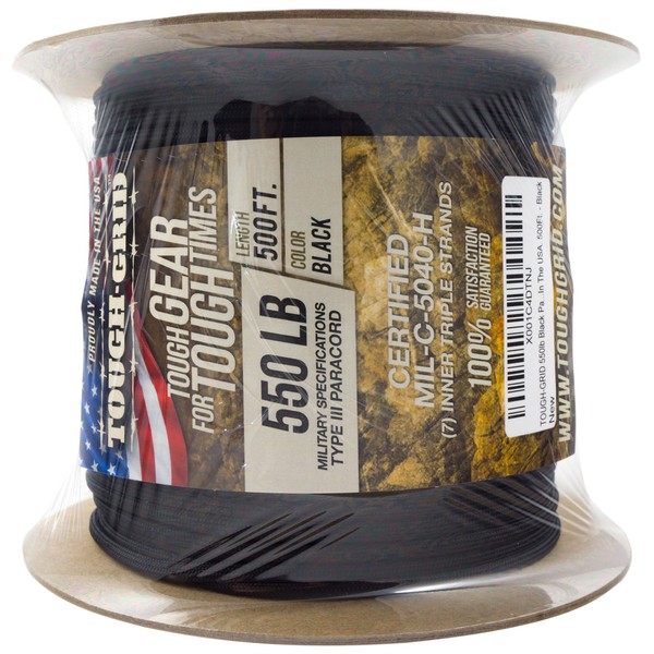 TOUGH-GRID 550lb Black Paracord/Parachute Cord - 100% Nylon Mil-Spec Type III Paracord Used by The US Military, Great for Bracelets and Lanyards, 100Ft. - Black