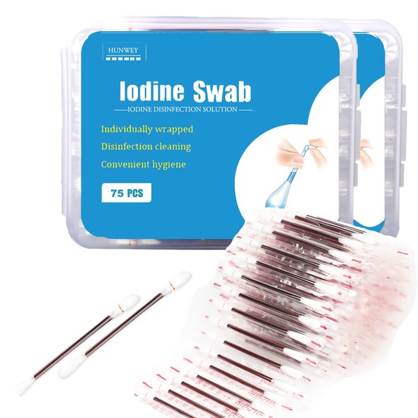 HUNWEY 150 Individually Wrapped- Iodine Cotton Swabs Solution Filled| First