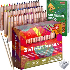 colozoo Gecko 3-in-1 Children's Pencils Set, 48 Children's Pencils Set Including 2 Brushes, Sharpener and Colouring Book from 3 Years, Non-Toxic and Vegan Thick Colouring Pencils for Toddlers