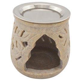 Indian Soapstone Incense Burner - Stainless Steel Strainer & Heat Shield - Amana Design - Height 9cm - Includes Smoking Instructions