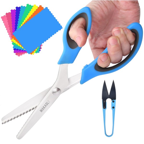 Makasla Pinking Shears Scissors for Fabric, Craft Scissors Decorative Edge, Zig Zag Scissors with Serrated Cutting Edge, Professional Sewing Pinking Shear for Fabric/Leather/Paper Craft (Blue)
