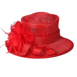 Wedding Bridal Derby Bowler Hats for Women Ladies with Feather Cocktail Tea Party Dress Sinamay Fascinators Hat Red