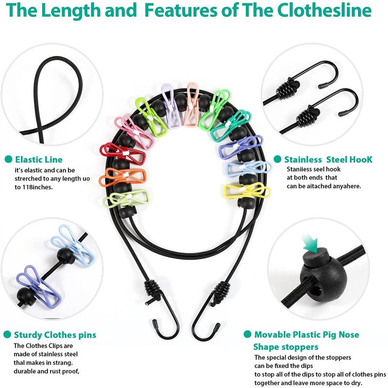 Portable Clothesline with 12 Clothes Pins - Travel Retractable Clothesline