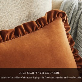 Velvet Cushion Covers Pack of 2 30x50 CM Square Burnt Orange Pillow Covers with Ruffle Edges Sofa Cushions Living Room Premium Soft Throw Covers Bedroom Decorative Pillowcase
