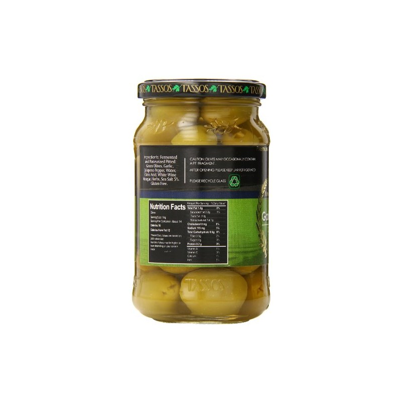 Tassos Stuffed Green Olives, Garlic Jalapeno, 13.1 Ounce