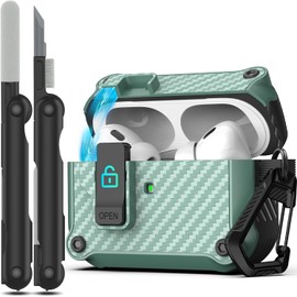 RFUNGUANGO Compatible with AirPods Pro 2 Case, Automatic Flip Carbon Fibre Case with Secure Locking Clip, Shockproof Full Body Hard Case (2023/2022/2019), Green
