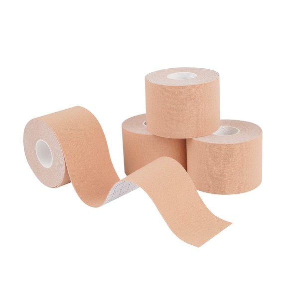 Kinesiology Tape 4 Rolls K Sports Tape for Knee Support and Muscle Pain Relief, Uncut Physio Tape Elastic Therapeutic Designed for Athletes Injury Recovery (Beige)