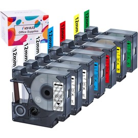 Hehua 7PK Replacement for Dymo D1 12 mm Label Tape 45013 (2PK) 45010 45016 45017 45018 45019, Compatible with Dymo LabelManager 160 Executive 640 CB 210D 260P 360D LabelWriter 400 450 Duo d1 12mm x 7m