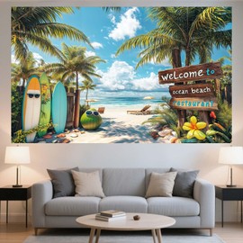 Grtuspr 10x8ft Summer Hawaiian Beach Photography Backdrop, Tropical Blue Sky Ocean Palm Leaves Surfboard Background, Luau Aloha Party Banner for Wedding Baby Birthday Party Decor Photo Booth Prop