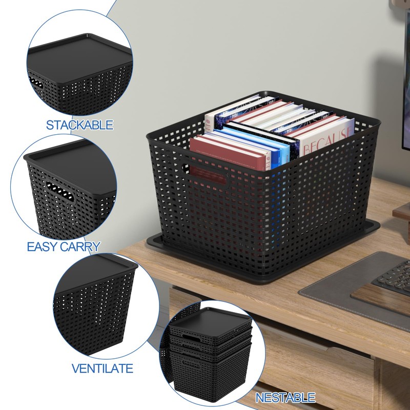 Ggbin 6-Pack Large Plastic Weave Basket with Lid, Black Storage