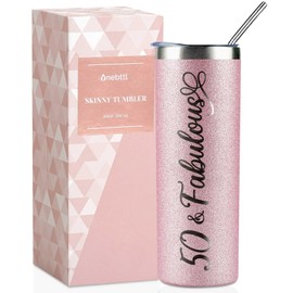 Onebttl 50th Birthday Gifts for Women, Female, Her - 50 and Fabulous - 20oz/590ml Stainless Steel Insulated Glitter Tumbler with Straw, Lid, Message Card - (Rose Gold)