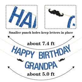 Happy Birthday Grandpa Banner - Men Father Birthday Garland Bunting Supplies - Father's Day Best Dad Ever Party Decorations - Blue Glitter