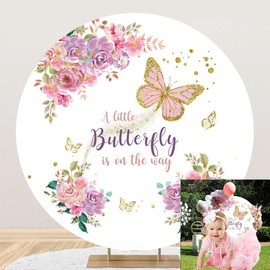 OERJU 6.5x6.5ft Butterfly Round Backdrop Cover A Little Butterfly is On The Way Watercolor Flowers Photography Background Baby Shower Girls Princess Birthday Party Banner Supplies Photo Studio Props